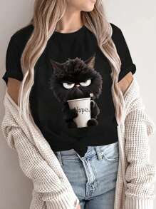 卡通图案印花休闲女士T恤，春夏时尚女士上衣，夏季上衣，女士夏装，图案T恤女上衣