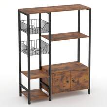Modern Freestanding Kitchen Bakers Rack With 2 Baskets,Microwave Oven Stand With Shelves,Utility Storage Shelf With Metal Frame,Small Coffee Bar Station,Brown