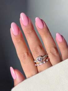 24片短款杏仁形可爱粉色纯色美甲贴纸，带橡胶条，1瓶Jelo美甲胶水，1包节日礼物派对及日常美甲贴纸，美甲用品 - 粉色 - 查看 3