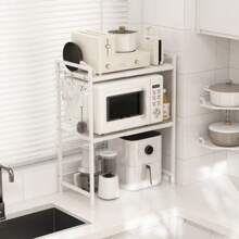Estante expandible para microondas, soporte para microondas de 3 niveles para cocina, soporte para microondas de acero al carbono para encimera, organizador de almacenamiento de cocina con 6 ganchos - Blanco - Ver 9