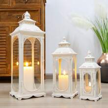 Set Of 3 Vintage Empty Metal Candle Lanterns 10/14/19.5''H Decorative Outdoor Lantern Metal Candle Holder With Tempered Glass For Home Living Room Garden Yard Parties Event Wedding Decor(Not Include Candles) - 白色 - 查看 6