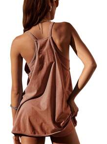 Women Athletic Mini Dresses Built-In Shorts Set Summer Sleeveless Sundress Hot Shot Mini Dress - Rust Brown - View 2