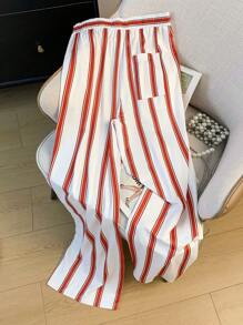 新款时尚条纹印花宽松直筒长裤优雅垂坠休闲裤春夏