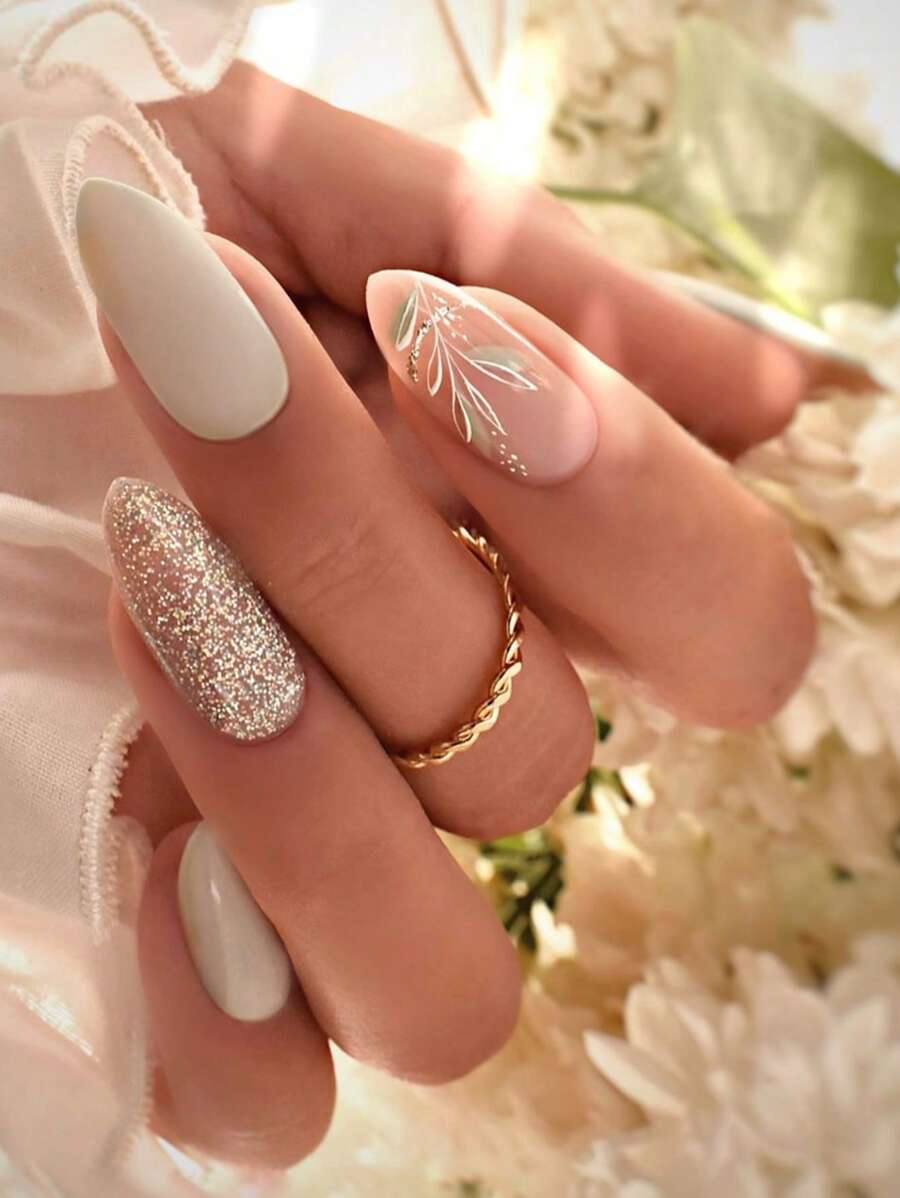 24 pezzi Adesivi per unghie a forma di mandorla media con motivo a foglie primaverili e glitter, unghie finte con copertura completa e brillantezza, adatti per uso quotidiano di donne e ragazze - Verde - Visualizzare 1