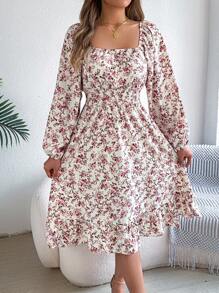 Autumn And Winter Leisure Vacation Small Floral Solid Color Square Neck Long Sleeve Women's Dress - trắng - Xem 3