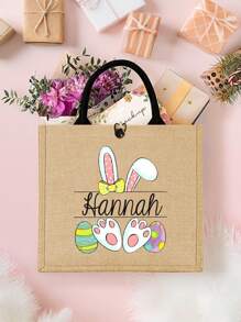 Customized Personalized Tote Bag With Easter Bunny And Name, Durable Gift Bag, For Easter Egg Hunt, Custom Easter Party Favor Bag - Khaki - View 2