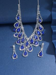 3pcs Geometric Rhinestone Water Drop Tassel Pendant Necklace & Earring Jewelry Set For Women