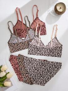3 件套女士休闲无缝豹纹无钢圈低腰三角裤内裤套装