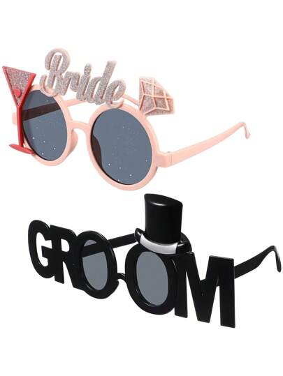 2副新娘礼物时尚眼镜，塑料新郎眼镜，新娘眼镜，单身派对眼镜，拍照道具，婚礼招待会新娘眼镜，单身派对，情人节派对用品