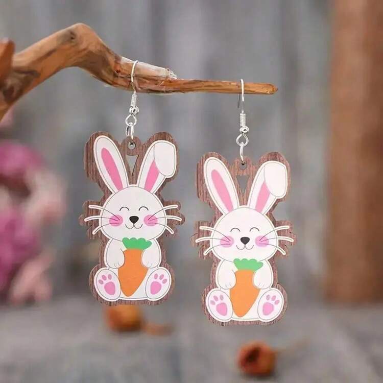 2pcs Set New Cross-Border Cute Cartoon Chick, Egg, Carrot, Rabbit Pattern Wooden Earrings, Easter Holiday Gift - Multicolor - View 4