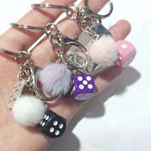 1pc Alloy Pom-Pom Car Keychain, Dice Car Accessory Keyring - one-size - View 4