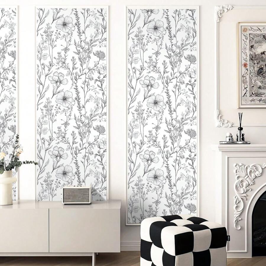 1 卷复古简约风格自粘墙纸 - 黑线花卉和植物图案，可移除乙烯基接触纸，防水，防潮，家居装饰贴纸适用于客厅、卧室、书房、餐厅墙壁、书架、橱柜、家具翻新、租客友好、多功能，尺寸 44*300/500/1000 厘米