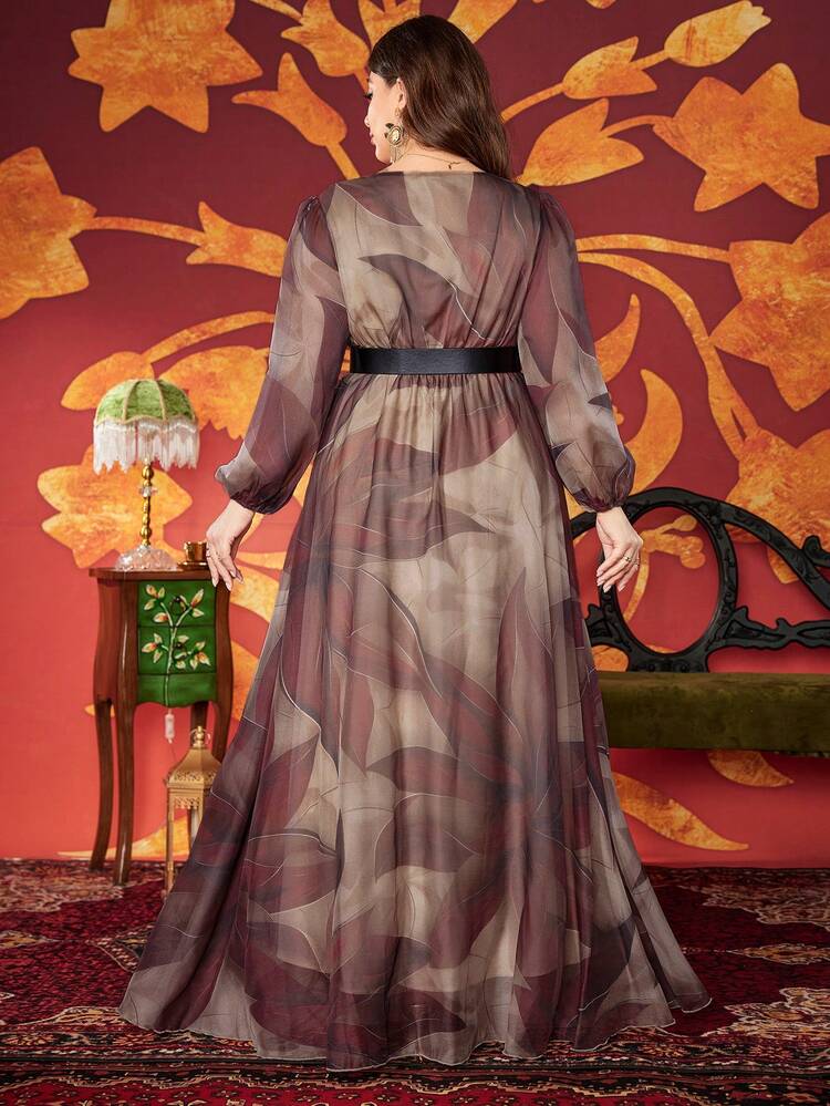 Vestido largo con cuello en V, mangas farol y cinturón de contraste para mujer de talla grande - Marrón Mocha - Añade 2