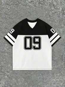 Men's Solid Color Patchwork Numeric Print Casual Sports Short Sleeve T-Shirt - White - View 4