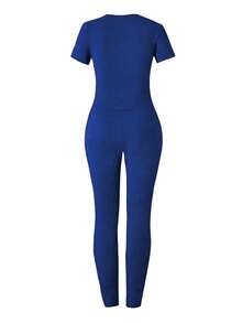 修身短袖短款上衣和高腰裤休闲两件套 - 藍色 - 查看 2