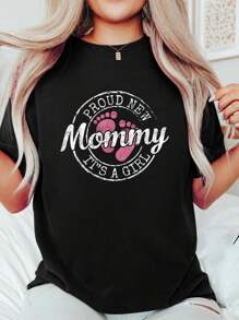 Proud New Mommy It's A Girl Mom To Be Gifts 1st Time Mother T-Shirt 100% Cotton, Breathable & Comfort Fit, Short Sleeve Crew Neck Top For All Seasons - 黑色 - 查看 1