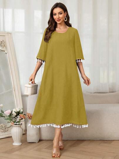 Women's Summer Casual Vintage Minimalist Tassel Sleeve Long Dress