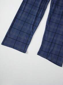 3 件套男士轻便睡衣套装，短袖衬衫和短裤或长裤，夏季格子睡衣套装 - 藏蓝色 - 查看 8