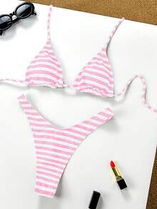 Women's Basic Striped Print Swimsuit, Suitable For Various Occasions From Pool To Beach In Summer, Daily Mini Triangle Bikini Beach Outfit - Pink - View 3