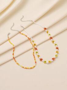 2pcs Boho Chic Beaded Pearl Flower Necklace Set, Handmade Lovely Necklaces For Women, Suitable For Vacation And Daily Wear - Yellow - View 5