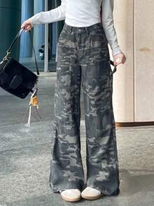 Retro High Waist Camouflage Design Loose Fit Jeans, Random Cut