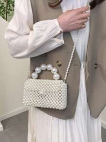 حقيبة يد أنيقة مصنوعة يدويًا من قماش مخرز باللؤلؤ، موضة كلاسيكية جديدة، حقيبة كتف وعبر الجسم مع سلسلة لؤلؤية، مناسبة للخروج والتواريخ وحفلات الموسيقى والعشاء والرقص