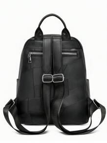 高品质柔软皮革复古女士背包，大容量旅行背包 - 黑色 - 查看 6