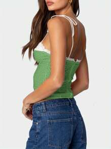Women Summer Crop Camisole Casual Lace Trim Plaid Print Tie Up Strap Tank Tops Sleeveless T-Shirt For Club Streetwear - màu xanh lá - Xem 3