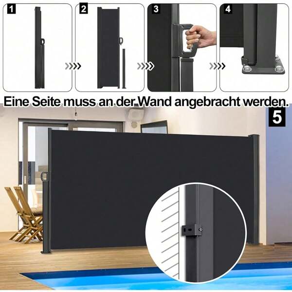 VA-Cerulean Toldo de jardín de aluminio a prueba de viento de un solo lado hecho de poliéster robusto con toldos laterales retráctiles y alas de persiana enrollables laterales como protección visual para balcón/terraza en gris oscuro y gris claro.