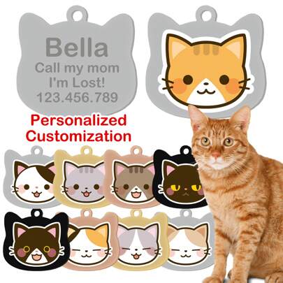 Etiqueta de identificação personalizada para animais de estimação com design de rosto de gato, personalizada com nome, número de telefone, etc. Disponível em vários designs de raças de gatos fofos e opções de cores