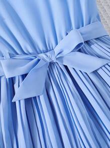 Young Girls Pleated Frill Trim Solid Color Round Neck Dress With Belt - Baby Blue - View 4