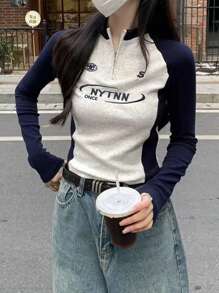 女式常规肩长袖 T 恤，修身拉链设计，休闲时尚，适合日常穿着