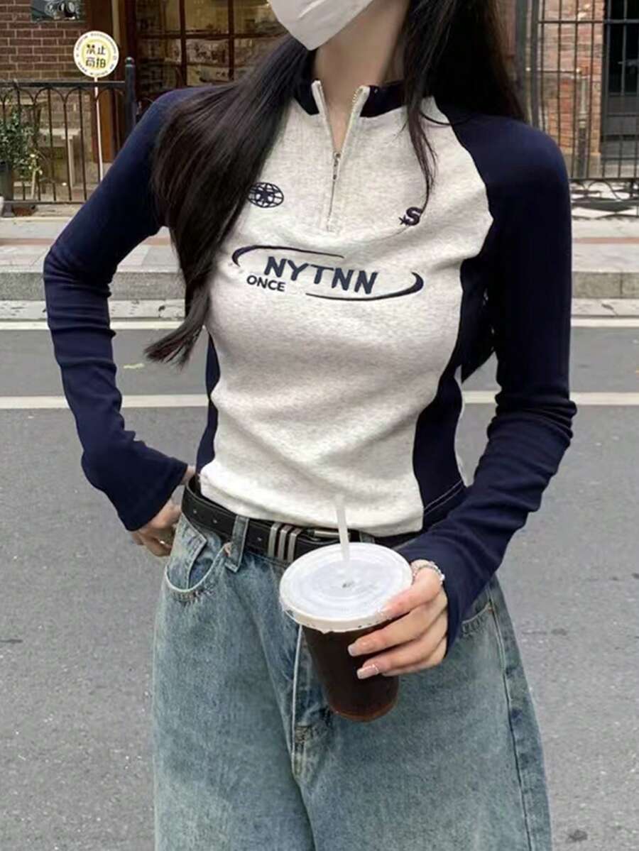 女式常规肩长袖 T 恤，修身拉链设计，休闲时尚，适合日常穿着