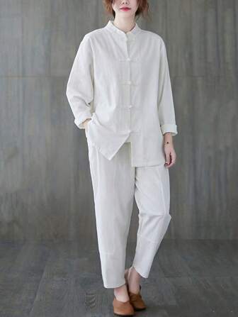 LUCIDVUE 2 stuks/set dames lente & zomer Chinese stijl staande kraag knoop decoratie tang pak casual witte top en linnen broek set, Zen & Tai Chi uniform lichtgewicht bovenkleding verbeterde kleding pak