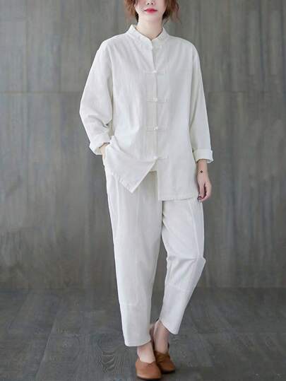 LUCIDVUE 2pcs/Set Women's Spring & Summer Chinese Style Stand Collar Button Decoration Tang Suit Casual White Top And Linen Pants Set, Zen & Tai Chi Uniform Lightweight Outerwear Improved Clothes Suit