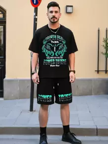 Ensemble t-shirt à manches courtes col rond avec imprimé tigre et texte anglais, coupe ample style américain, et short à cordon de serrage à la taille pour homme, pour l'été