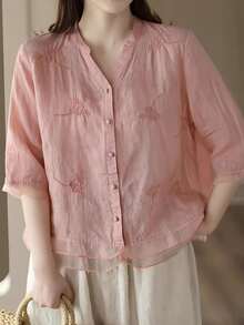 Retro Aesthetic Floral Embroidered Shirt, Organza Patchwork Design Casual Chic Blouse, Hobo Bohemian Style Floral Embroidered Elegant Top, Simple Daily Vintage Botanical Embroidery Shirt, Holiday Short Sleeve Top - Pink - View 7