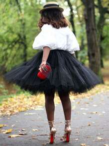 Falda plisada de malla con manga abullonada, adecuada para ocasiones formales, ropa de otoño para mujer