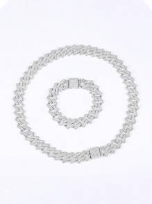 2pcs Set Silver Necklace + Bracelet Rhinestone Hip Hop Jewelry Gift, Suitable For Men And Women Daily Wear, Sports Accessories, Gift Box For Friends And Family - Silver - View 7