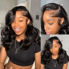 HJ WEAVE BEAUTY 13x4 Lace Front Wig Human Hair Short Bob Wig Brazilian Natural Wave Wigs For Women Transparent Full Lace Wig Human Hair Pre Plucked Hairline With Baby Hair 180% Density - Natural Black - 查看 6