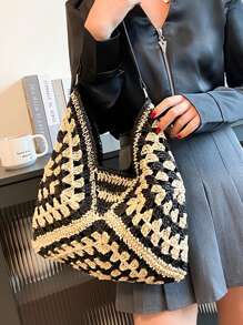 Geantă de umăr boemă din paie pentru femei, geantă tote de plajă de designer vintage, potrivită pentru vacanță, muncă, utilizare zilnică, stil de vară, perfectă pentru ieșirile ocazionale și excursiile pe plajă