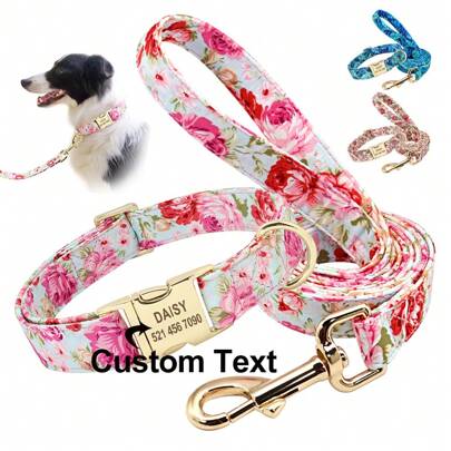 Bộ vòng cổ và dây xích in hình cá nhân hóa cho chó, thiết kế hoa văn, vòng cổ cho thú cưng, thẻ định danh chống thất lạc có thể điều chỉnh cho chó nhỏ/vừa/lớn.