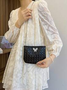 2025 New Fashion Woven Butterfly Decor Shoulder Handbag, Chic Small Square Crossbody Bag For Women