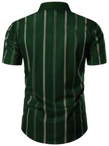 Men's Lightweight Geometric Striped Casual Business Polo Shirt, Summer - Dark Green - View 4