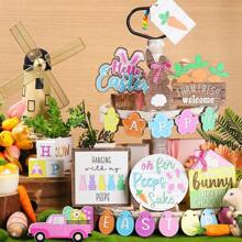 21 Piece Set Of Easter Bunny Layered Tray Decoration, Farmhouse Layered Tray Decoration, Easter Happy Bunny Carrot Wooden Logo, Spring Country Bunny Decoration, Suitable For Family Dining Table, Fireplace Rack, Church Party