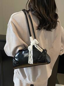1pc Women Solid Color PU Shoulder Bag, Baseball/Bowling Bag Shape, With Scarf Decor, Suitable For Festival, Dating, Gift - Multicolor - View 6