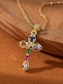 1件装百搭简约圣母玛利亚吊坠项链，女士个性化简约十字架首饰设计（彩色水钻随机） - 銀色 - 查看 5