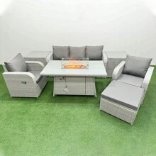 Fimous PE Rattan Garden Furniture Set Reclining Chair Sofa Lounge Sofa Set Firepit Dining Table 2 Side Table Big Footstool Light Grey - Light Grey - View 1