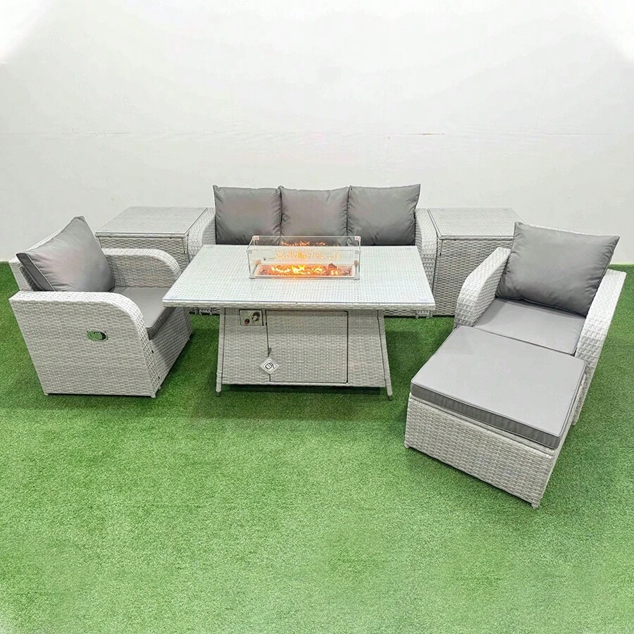 Fimous PE Rattan Garden Furniture Set Reclining Chair Sofa Lounge Sofa Set Firepit Dining Table 2 Side Table Big Footstool Light Grey - Light Grey - View 1