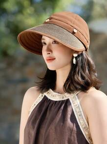 1pc Women's Summer Straw Buttoned Detachable Top Sun Hat, Minimalist Versatile Bucket Hat, Face-Shielding, Suitable For Daily Outing, Cycling, Vacation - A - View 10